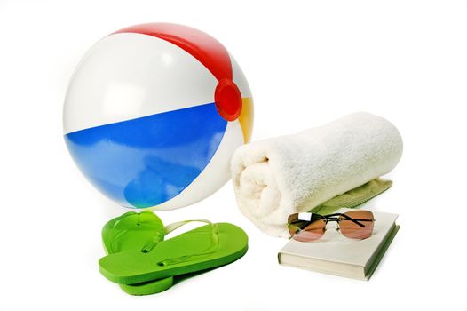 Accessories needed for going to the beach or swimming pool. On White background