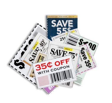 Please note...all coupons showing are not real. They are fictional. Isolated on white background