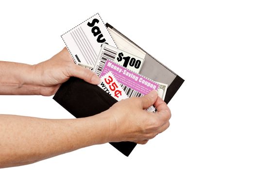 Horizontal shot of woman's hands pulling coupons out of wallet.  Isolated on white background