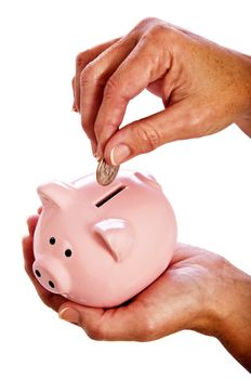 Female hand putting money into piggy bank.  Isolated on white