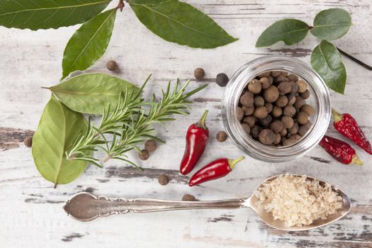Bay leaves, traditional spice and condiment on white wooden background. Bay leaves, rosemary, chillies and black pepper on white wooden table, top view.