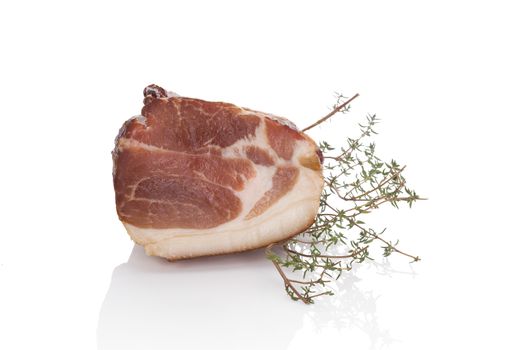 Traditional smoked with herbs isolated on white background. Culinary meat eating. 