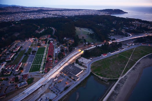 an aerial view of san francisco during sunset