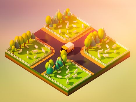 Sheep in the landscape, isometric view