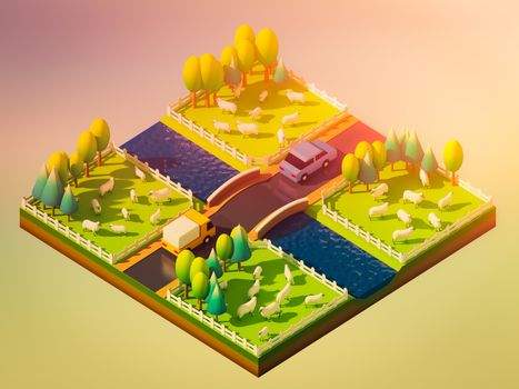 Sheep in the landscape, isometric view