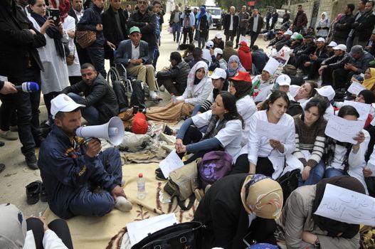 ALGERIA, Boudouaou: Hundreds of teachers are on hunger strike in Boudouaou, near Alger, in Algeria, on April 4, 2016. They have been blocked by policemen in Boudouaou as they marched towards Alger to demand their appointment. 