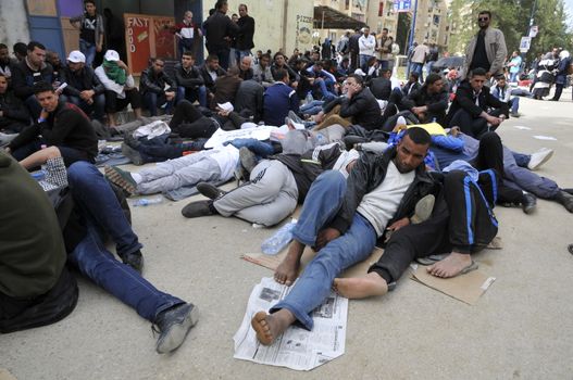 ALGERIA, Boudouaou: Hundreds of teachers are on hunger strike in Boudouaou, near Alger, in Algeria, on April 4, 2016. They have been blocked by policemen in Boudouaou as they marched towards Alger to demand their appointment. 