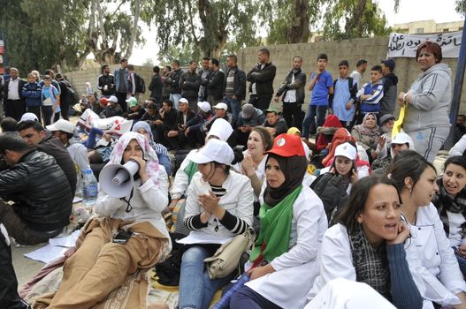 ALGERIA, Boudouaou: Hundreds of teachers are on hunger strike in Boudouaou, near Alger, in Algeria, on April 4, 2016. They have been blocked by policemen in Boudouaou as they marched towards Alger to demand their appointment. 