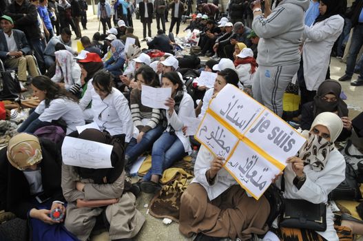 ALGERIA, Boudouaou: Hundreds of teachers are on hunger strike in Boudouaou, near Alger, in Algeria, on April 4, 2016. They have been blocked by policemen in Boudouaou as they marched towards Alger to demand their appointment. 