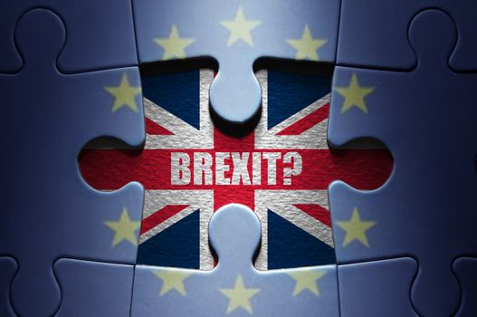 Missing piece from a European jigsaw puzzle revealing British flag and Brexit question