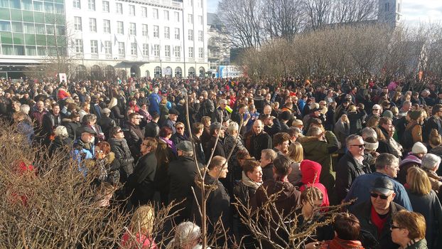 ICELAND, Reykjavik: People gathered in Reykjavik, Iceland on April 4, 2016, to demand the Prime Minister of Iceland, Gunnlaugsson, resign because of the information that was leaked in the Panama Papers. The documents reveal that Prime Minister Sigmundur David Gunnlaugsson, hid millions of dollars in an offshore account as the economy collapsed. 