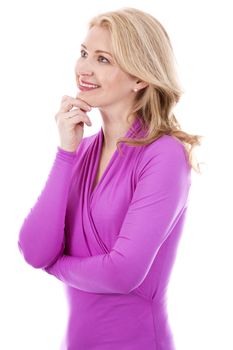 blond woman wearing purple top on white background