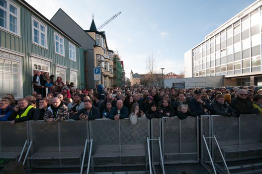 ICELAND, Reykjavik: Crowds gather outside Iceland's parliament demanding the Prime Minister step down over allegations he concealed investments in an offshore company in Reykjavik on April 4, 2016. Iceland's Prime Minister Sigmundur Gunnlaugsson earlier refused to resign after details about Wintris, an offshore firm used to allegedly hide million-dollar investments which he owned with his wife, were made public in Panama Papers massive data leak.