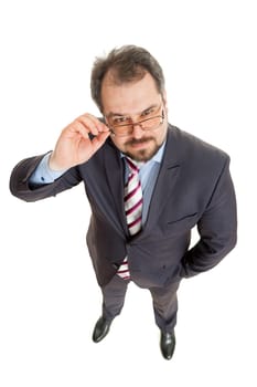 the adult man in a suit costs on a white background