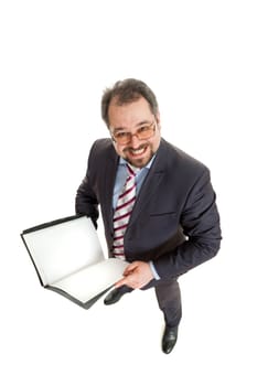 the adult man holds the folder in hand