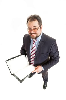 the adult man holds the folder in hand