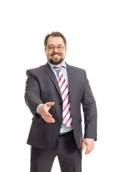 the adult man in a suit costs on a white background and offers a hand for handshake