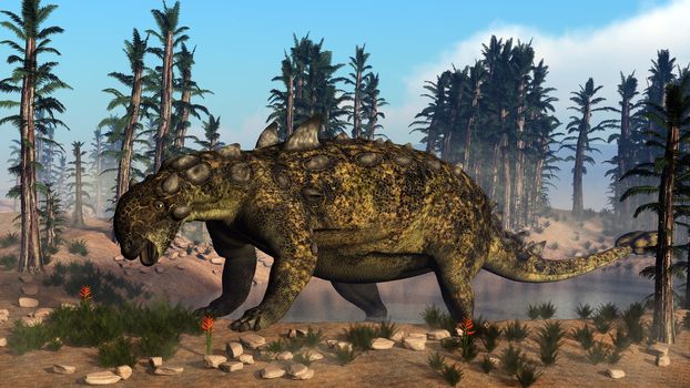 Euoplocephalus dinosaur walking toward small vegetation to eat it by day - 3D render