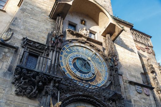 Close up detailed view of historical Astronomical Clock at old town square in Prague.