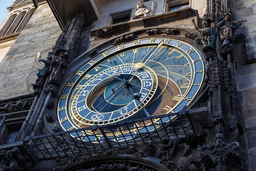 Close up detailed view of historical Astronomical Clock at old town square in Prague.