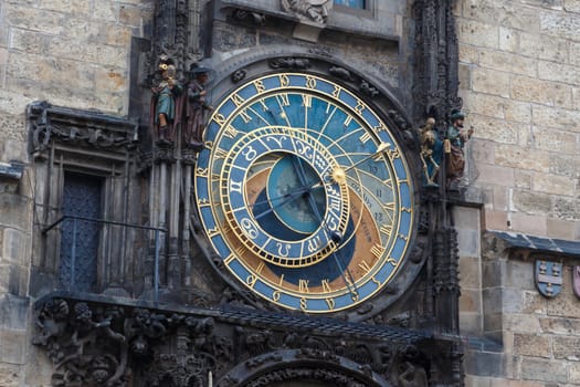 Close up detailed view of historical Astronomical Clock at old town square in Prague.