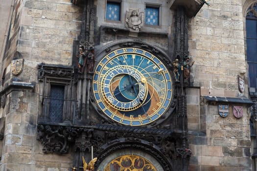 Close up detailed view of historical Astronomical Clock at old town square in Prague.