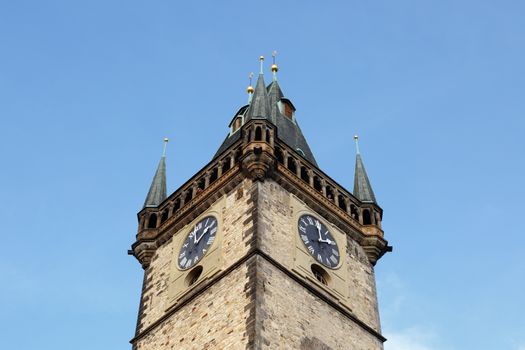 Bottom view of historical Astonomical Clock Tower at old town square in Prague.