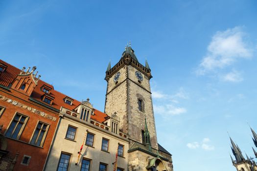 Bottom view of historical Astonomical Clock Tower at old town square in Prague.
