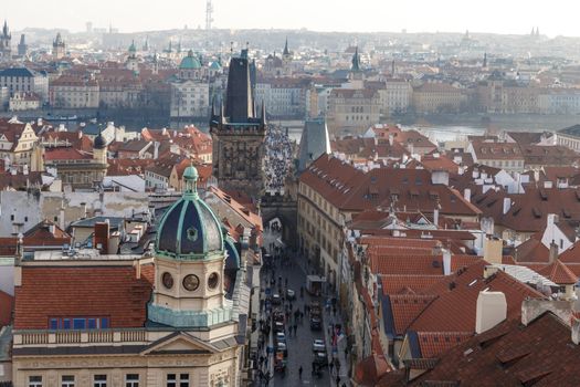PRAGUE, CZECH REPUBLIC - DECEMBER 31, 2015 : General top view of Prague cityscape view with historical gothic buildings around.
