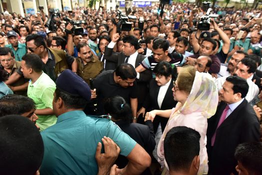 BANGLADESH, Dhaka : Former Bangladeshi prime minister and Bangladesh Nationalist Party (BNP) leader Khaleda Zia arrives at a court in Dhaka on April 5, 2016.A court in Bangladesh granted bail to opposition leader Khaleda Zia on April 5 after issuing a warrant for her arrest over a deadly fire-bomb attack on a bus, her lawyer said