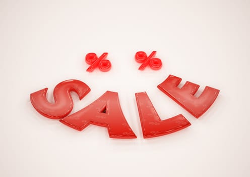 Dimensional word of SALE and percents near it. Like a smile. 3D illustration.
