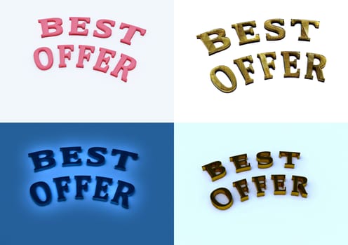 Set of pictures dimensional inscription of Best offer on background. 3D illustration.