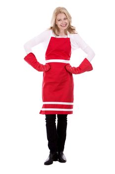 blond woman wearing red apron on white isolated background