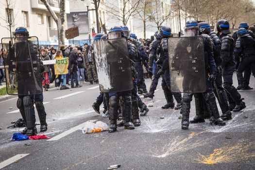 FRANCE, Paris: Clashes erupt between antiriot policemen and protesters in Paris on April 5, 2016 as high school students demonstrate against government's planned labour law reforms for the fifth day.