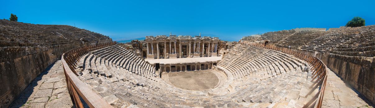 Pammukale, Turkey - July, 2015: photo of ancient theatre in the city Hierapolis, near modern turkey city Denizli