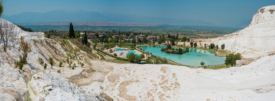 Pammukale, Turkey - July, 2015: panoramic view of Pammukale near modern turkey city Denizli