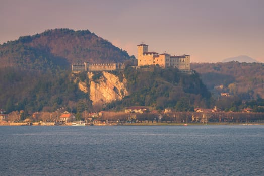 Fortress of Angera (Rocca di Angera), view from Arona, lake Maggiore, Italy.