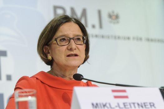 AUSTRIA, Vienna:  Johanna Mikl-Leitner at a press conference after the meeting  on April 5, 2016 in Vienna.The talks focused on migration in and towards Europe as well as the fight against terrorism. A press conference was held after the meeting.