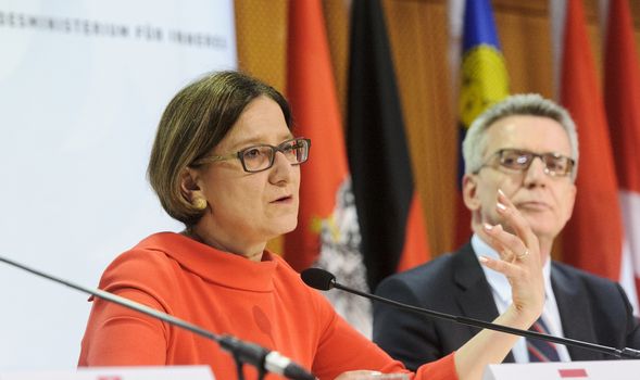 AUSTRIA, Vienna: Johanna Mikl-Leitner (Austria), Thomas de Maiziere (Germany) at the post summit press conference on April 5, 2016 in Vienna.The talks focused on migration in and towards Europe as well as the fight against terrorism. A press conference was held after the meeting.