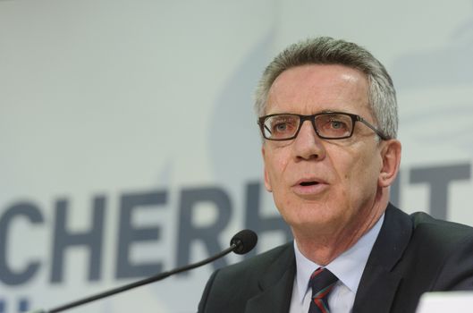 AUSTRIA, Vienna: Thomas de Maiziere (Germany) at the post summit press conference on April 5, 2016 in Vienna.The talks focused on migration in and towards Europe as well as the fight against terrorism. A press conference was held after the meeting.