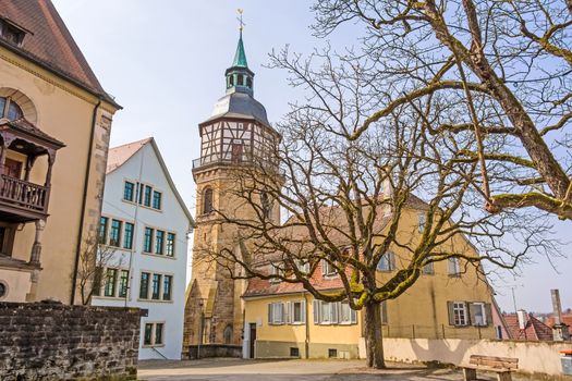 Backnang, Germany - April 03, 2016: Abbey church of Backnang above the city near town hall and market place.