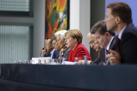 GERMANY, Berlin: German Chancellor Angela Merkel met with lOECD Secretary-General Angel Gurria, IMF director Christine Lagarde, WTO Director General Roberto Azevedo, ILO General Secretary Guy Ryder and World Bank President Jim Yong Kim for talks at the Chancellery in Berlin on April 5, 2016. The meeting focused on the long term economic outlook for Germany, Greek debt and refugees.