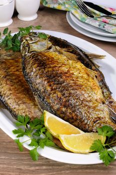 Fried crucian carp in a plate on the table  closeup