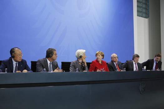 GERMANY, Berlin: German Chancellor Angela Merkel met with lOECD Secretary-General Angel Gurria, IMF director Christine Lagarde, WTO Director General Roberto Azevedo, ILO General Secretary Guy Ryder and World Bank President Jim Yong Kim for talks at the Chancellery in Berlin on April 5, 2016. The meeting focused on the long term economic outlook for Germany, Greek debt and refugees. 