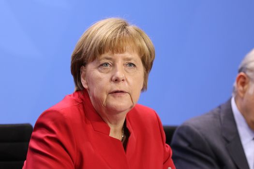 GERMANY, Berlin: German Chancellor Angela Merkel speaks at an economic meeting at the Chancellery in Berlin on April 5, 2016. The meeting focused on the long term economic outlook for Germany, Greek debt and refugees.