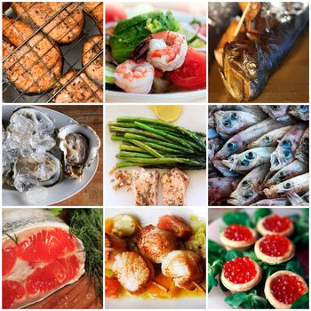 Sea food collage made from nine photographs