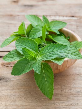 Closeup fresh peppermint  leaves in the wooden bowl on rustic table. Shallow dept of field .