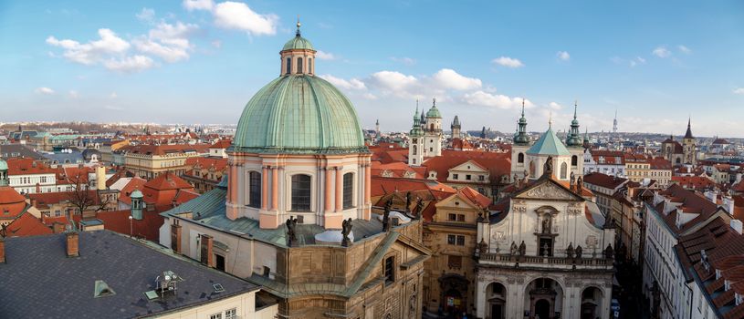 PRAGUE, CZECH REPUBLIC - DECEMBER 31, 2015 : Historical gothic cityscape view from Old Town Bridge Tower in Prague, on cloudy sky background.