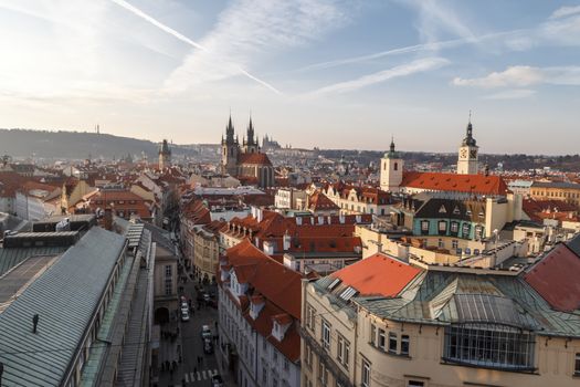 PRAGUE, CZECH REPUBLIC - DECEMBER 31, 2015 : Cityscape top view of Prague old town from Powder Tower or Powder Gate on cloudy sky background.