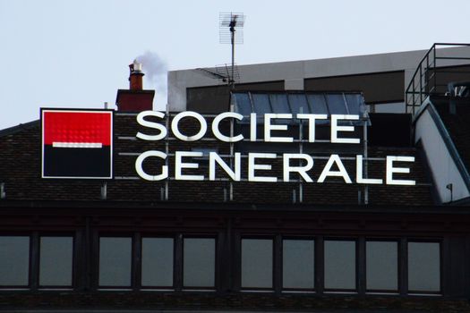 SWITZERLAND, Geneva: A picture taken on January 26, 2016 shows Societe Generale bank sign in Geneva, Switzerland. The revelations of the recently leaked Panama Papers concerning offshore companies in tax heavens, have caused a stir amongst banks. 